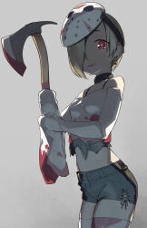 Rule 34 | 1girl, axe, bare shoulders, belt, black collar, blonde hair, blood, blood on clothes, breasts, collar, commentary request, crop top, ear piercing, earrings, grey background, hair over one eye, heibonkaeru, highres, hockey mask, holding, holding axe, idolmaster, idolmaster cinderella girls, jewelry, light smile, looking at viewer, mask, mask on head, navel, parted lips, piercing, red eyes, shirasaka koume, shirt, short hair, short shorts, shorts, simple background, sleeves past fingers, sleeves past wrists, small breasts, solo, thighhighs, white shirt