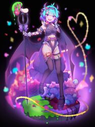 Rule 34 | 1girl, :d, absurdres, alternate costume, aqua hair, bat wings, black footwear, breasts, clothing cutout, colored tips, fake horns, fate/grand order, fate (series), fishnet thighhighs, fishnets, frilled leotard, frills, full body, hair ribbon, hairband, hand up, heart cutout, highleg, highleg leotard, highres, holding, holding pitchfork, horns, kibinago (kibinago614), large wings, legwear garter, leotard, locusta (fate), lolita hairband, looking at viewer, multicolored hair, mushroom, navel cutout, open mouth, pink nails, pitchfork, platform footwear, purple eyes, ribbon, short hair, slime (substance), small breasts, smile, solo, teeth, thighhighs, upper teeth only, wings