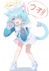 Rule 34 | + +, 1girl, absurdres, animal ear fluff, animal ears, animal hands, arona (blue archive), ayaha 4780828, bare legs, blue archive, blue eyes, blue hair, blue shirt, bow hairband, cat ears, cat girl, cat paws, cat tail, chinese commentary, choker, claw pose, colored inner hair, commentary request, fang, gloves, hair over one eye, hair ribbon, hairband, halo, hands up, highres, kemonomimi mode, light blue hair, long sleeves, miniskirt, multicolored hair, open mouth, orange halo, paw gloves, pink hair, pleated skirt, puffy long sleeves, puffy sleeves, ribbon, sailor collar, sailor shirt, shirt, shoes, short hair, simple background, skin fang, skirt, sneakers, solo, speech bubble, tail, white background, white choker, white footwear, white hairband, white ribbon, white sailor collar, white skirt