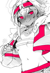 Rule 34 | 1girl, absurdres, bandaged hand, bandeau, blush, breasts, choker, cleavage, closed mouth, cropped jacket, embarrassed, full-face blush, goggles, goggles on head, hair between eyes, highres, jacket, looking at viewer, medium breasts, medium hair, monochrome, navel, niwamaru (niwarhythm), niwarhythm, open clothes, open jacket, original, red theme, simple background, smile, solo, stomach, underboob, white background