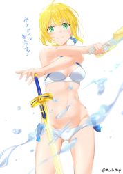 Rule 34 | 1girl, ahoge, artoria pendragon (fate), artoria pendragon (swimsuit archer) (fate), artoria pendragon (swimsuit archer) (first ascension) (fate), bare shoulders, bikini, blonde hair, blue ribbon, blush, braid, breasts, cleavage, closed mouth, collarbone, excalibur (fate/stay night), fate/grand order, fate (series), green eyes, hair ribbon, highres, long hair, looking at viewer, medium breasts, murio, navel, ribbon, simple background, smile, solo, swimsuit, sword, thighs, translation request, water, water gun, weapon, white background, white bikini
