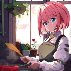 Rule 34 | 1girl, absurdres, ame., apron, blue eyes, blush, book, brick wall, closed mouth, collared shirt, commentary request, flower, frying pan, grey apron, hair between eyes, highres, holding, hololive, indoors, long sleeves, looking at viewer, pink hair, puffy long sleeves, puffy sleeves, red flower, red rose, rose, shirt, solo, takane lui, upper body, virtual youtuber, white shirt, window