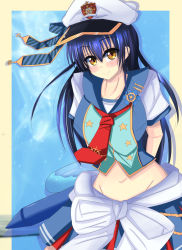 Rule 34 | 1girl, artist request, blue hair, blush, collar, female focus, hair between eyes, hat, highres, long hair, looking at viewer, love live!, love live! school idol festival, love live! school idol project, red tie, sailor collar, short sleeves, smile, solo, sonoda umi, tie clip, upper body, yellow eyes
