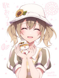 Rule 34 | animal, arms up, artist name, azusawa kohane, blush, brown hair, bucket hat, closed eyes, commentary request, corocorokuririn, flower, green shirt, hamster, hat, hat flower, hinata mizuiro, holding, holding animal, looking at viewer, open mouth, plaid, plaid shirt, project sekai, sanrio, seed, shirt, short sleeves, simple background, smile, striped clothes, striped shirt, sunflower, sunflower seed, twintails, upper body, white background, yellow shirt