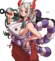 Rule 34 | 1girl, aosora2823, armpits, artist name, breasts, cleavage, commentary, earrings, gradient hair, green hair, hand on own hip, highres, holding, holding weapon, hoop earrings, horns, jewelry, large breasts, looking at viewer, multicolored hair, one piece, ponytail, red eyes, red horns, rope, shimenawa, simple background, smile, solo, weapon, white background, white hair, yamato (one piece)