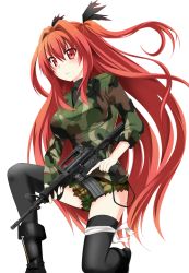 Rule 34 | 1girl, assault rifle, black thighhighs, blush, breasts, camouflage, catstudioinc (punepuni), cutoffs, gun, kneeling, large breasts, long hair, m4 carbine, on one knee, original, red eyes, red hair, rifle, simple background, solo, taut clothes, thighhighs, transparent background, trigger discipline, very long hair, weapon, white background