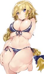 Rule 34 | 1girl, absurdres, bikini, black bikini, blonde hair, blue bikini, blue eyes, blush, braid, breasts, cleavage, commentary request, fate/apocrypha, fate (series), front-tie bikini top, front-tie top, hair ribbon, head tilt, highres, jeanne d&#039;arc (fate), jeanne d&#039;arc (ruler) (fate), jeanne d&#039;arc (white cruising) (fate), kou mashiro, large breasts, long hair, looking at viewer, navel, parted lips, ribbon, side-tie bikini bottom, simple background, single braid, solo, standing, standing on one leg, stomach, swimsuit, thighs, very long hair, white background