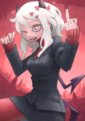 Rule 34 | 1girl, black jacket, blazer, blush, bright pupils, buttoned cuffs, buttons, cave interior, chiyo maru, commentary request, cowboy shot, demon girl, demon horns, demon tail, hands up, heart, heart-shaped pupils, helltaker, highres, horns, jacket, long hair, long sleeves, modeus (helltaker), monochrome background, pantyhose, pencil skirt, raised eyebrow, red background, red eyes, red pantyhose, red sweater, ribbed sweater, ring finger raised, sidelocks, skirt, solo, stalactite, stalagmite, sweater, symbol-shaped pupils, tail, tongue, tongue out, turtleneck, turtleneck sweater, wavy hair, white hair, white pupils