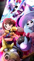 Rule 34 | 1girl, aegislash, blush, brown eyes, brown hair, cape, champion uniform, commentary request, creatures (company), crossed arms, eyelashes, fur-trimmed cape, fur trim, game freak, gen 6 pokemon, gen 7 pokemon, gen 8 pokemon, gigantamax, gigantamax inteleon, gloria (pokemon), gloves, hatterene, highres, inteleon, leggings, looking at viewer, miyama (yakinikusushi the royal), multicolored clothes, multicolored gloves, nintendo, open mouth, pokemon, pokemon (creature), pokemon swsh, pyukumuku, red cape, short sleeves, shorts, smile, teeth, tongue, white legwear, white shorts