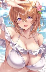 Rule 34 | 1girl, :d, aged up, alternate breast size, arm up, armpits, bare shoulders, bikini, blush, breasts, cleavage, collarbone, commentary request, gochuumon wa usagi desu ka?, hair between eyes, hair ornament, hairclip, highres, hoto cocoa, ks (xephyrks), large breasts, looking at viewer, medium hair, open mouth, orange hair, purple eyes, smile, solo, swimsuit, upper body, water, water drop, wet, white bikini