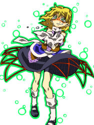 Rule 34 | 1girl, blonde hair, female focus, green eyes, highres, mizuhashi parsee, pointy ears, solo, squemezzo, standing, tears, touhou, white background