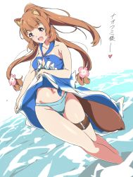 Rule 34 | 1girl, :d, animal ears, bikini, bikini under clothes, blue bikini, blue dress, blunt bangs, breasts, brown hair, clothes lift, collarbone, dress, dress lift, flower, hair flower, hair ornament, heart, highres, japanese text, lifted by self, long hair, looking at viewer, medium breasts, navel, open mouth, pink eyes, purple eyes, raccoon ears, raccoon girl, raccoon tail, raphtalia, simple background, smile, solo, standing, swimsuit, tail, tate no yuusha no nariagari, thigh strap, translated, umanosuke, wading, white background