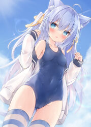 Rule 34 | 1girl, animal ear fluff, animal ears, blue eyes, blue hair, blue one-piece swimsuit, blue thighhighs, blush, breasts, cameltoe, cat ears, cat girl, cat tail, collarbone, commentary request, covered navel, cowboy shot, dutch angle, gluteal fold, groin, hair between eyes, hair ribbon, highres, jacket, long hair, long sleeves, looking at viewer, mochizuki riku, one-piece swimsuit, original, parted lips, petite, ribbon, school swimsuit, sleeves past wrists, small breasts, solo, striped clothes, striped thighhighs, swimsuit, tail, thighhighs, two side up, white jacket, yellow ribbon