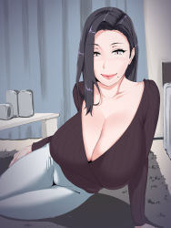 Rule 34 | 1girl, black hair, blush, bottle, breasts, carpet, cleavage, closed mouth, curtains, hair behind ear, highres, huge breasts, long hair, looking at viewer, mature female, mole, mole under mouth, nypaon, original, pants, ribbed sweater, sitting, smile, solo, sweater, v-neck, white pants, yellow eyes