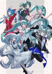 Rule 34 | 6+girls, :d, alternate costume, aqua eyes, aqua hair, black dress, black jacket, blazpu, blue skirt, commentary, copyright request, dress, english commentary, grey background, hatsune miku, highres, jacket, long hair, looking at viewer, multiple girls, open mouth, red dress, shirt, skirt, smile, twintails, vocaloid, white dress, white shirt