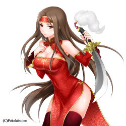 Rule 34 | 1girl, bad id, bad pixiv id, breasts, brown eyes, brown hair, cleavage, dagger, detached sleeves, dress, frown, hizuki akira, holding, holding weapon, knife, large breasts, long hair, long sleeves, original, red dress, red thighhighs, reverse grip, sangoku infinity, side slit, solo, sword, thighhighs, weapon, white background