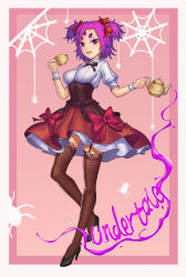 Rule 34 | 1girl, absurdres, breasts, fang, high heels, highres, humanization, lipstick, makeup, muffet, personification, purple hair, skirt, solo, tea, thighhighs, twintails, undertale