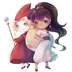 Rule 34 | 2girls, artist request, black hair, blonde hair, blue eyes, cape, couple, dark-skinned female, dark skin, dress, earrings, has bad revision, hat, jewelry, kai (popolocrois), long hair, looking at viewer, md5 mismatch, multiple girls, narcia, ponytail, popolocrois, resolution mismatch, short hair, simple background, slippers, smile, source request, source smaller, wand