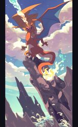 Rule 34 | 45 (maruyaki45), absurdres, blue eyes, blue sky, breath weapon, breathing fire, charizard, claws, cloud, cloudy sky, commentary request, creatures (company), day, fangs, fire, flame-tipped tail, game freak, gen 1 pokemon, highres, nintendo, no humans, ocean, open mouth, outdoors, pillarboxed, pokemon, pokemon (creature), rock, sky, standing, water, wings