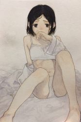 Rule 34 | 1girl, black hair, camisole, covered mouth, crop top, dress shirt, hair ornament, hairclip, hand to own mouth, highres, knees up, legs, navel, open clothes, open shirt, original, panties, shirt, short hair, sitting, solo, traditional media, tsuntsuke, underwear, white camisole, white panties