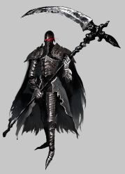 Rule 34 | 1other, absurdres, ambiguous gender, armor, black armor, breastplate, cape, full armor, gauntlets, glowing, glowing eyes, greaves, grey background, highres, holding, holding scythe, holding weapon, original, pauldrons, red armor, sabaton, scythe, shoulder armor, sollies, torn cape, torn clothes, two-handed, weapon