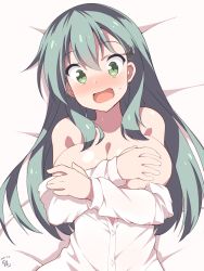 Rule 34 | 10s, 1girl, 2017, bare shoulders, blush, breasts, covering privates, covering breasts, dated, green hair, hair ornament, hairclip, highres, hoppege, kantai collection, large breasts, long hair, looking at viewer, lying, off shoulder, on back, open mouth, partially undressed, signature, solo, suzuya (kancolle), sweatdrop