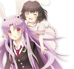Rule 34 | !, 2girls, animal ears, rabbit ears, buttons, carrot, carrot necklace, crescent moon, dress, closed eyes, female focus, glomp, hug, inaba tewi, jewelry, moon, multiple girls, necklace, necktie, noukatu, purple hair, red eyes, reisen udongein inaba, surprised, touhou