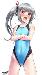 Rule 34 | 1girl, anger vein, aqua one-piece swimsuit, artist name, blue one-piece swimsuit, blush, competition swimsuit, covered navel, cowboy shot, crossed arms, dated, flat chest, gluteal fold, grey hair, highres, kantai collection, kasumi (kancolle), long hair, looking at viewer, one-piece swimsuit, open mouth, side ponytail, simple background, solo, standing, swimsuit, tsuchimiya, white background, white hair, yellow eyes