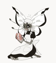 Rule 34 | 1girl, antennae, apron, black dress, black footwear, black sclera, blush, breasts, broken, butterfly wings, colored sclera, creatures (company), crying, denbaa, dress, female focus, flying sweatdrops, full body, furry, furry female, game freak, gen 6 pokemon, hands up, holding, insect wings, kneehighs, kneeling, maid, maid apron, nintendo, open mouth, personification, plate, pokemon, pokemon (creature), pokemon xy, puffy short sleeves, puffy sleeves, seiza, shoes, short sleeves, simple background, sitting, small breasts, socks, solo, sweat, tears, turtleneck, vivillon, white background, white eyes, white socks, wings