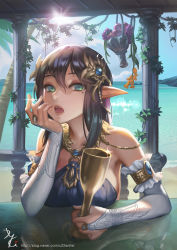 Rule 34 | 1girl, arm garter, arm support, bare shoulders, beach, blue dress, breasts, bridal gauntlets, brown hair, brown lips, head rest, collarbone, cup, day, dress, drinking glass, elf, eyelashes, flower, food, fruit, glass, gloves, grapes, green eyes, hair between eyes, hair ornament, hand on own chin, hand up, headgear, holding, holding cup, holding drinking glass, ivy, kakiman, large breasts, lipstick, long hair, looking at viewer, makeup, mascara, o-ring, o-ring top, ocean, open mouth, original, outdoors, palm tree, plant, pointy ears, sleeveless, sleeveless dress, solo, sparkle, sunlight, table, teeth, tongue, tree, water, white gloves