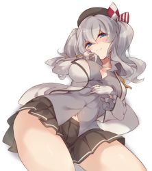 Rule 34 | 10s, 1girl, bad id, bad twitter id, blue eyes, breasts, buttons, epaulettes, female focus, gloves, hair between eyes, jacket, kantai collection, kashima (kancolle), large breasts, looking at viewer, lying, military, military uniform, on back, pokoten (pokoten718), sidelocks, silver hair, solo, tsurime, twintails, unbuttoned, uniform, wavy hair, white gloves