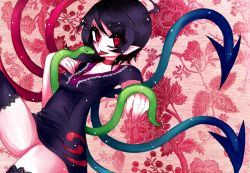 Rule 34 | 1girl, ahoge, asymmetrical wings, black hair, dress, eyelashes, floral background, foreshortening, hiyoko risu, houjuu nue, image sample, lace, lace-trimmed legwear, lace trim, pointy ears, red eyes, short dress, short hair, smile, snake, solo, thighhighs, tongue, tongue out, touhou, v-neck, wings, zettai ryouiki