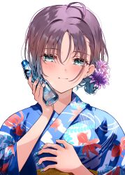 Rule 34 | 1girl, absurdres, ahoge, animal print, aqua eyes, aqua hair, asakura toru, blue kimono, blue nails, commentary request, earrings, fish print, flower, gradient hair, grey hair, hair flower, hair ornament, hand on own chest, highres, idolmaster, idolmaster shiny colors, japanese clothes, jewelry, kimono, looking at viewer, multicolored hair, parted bangs, print kimono, puni (punycolors), ramune, short hair, solo, two-tone hair, upper body, white background