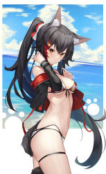 Rule 34 | 1girl, :/, absurdres, animal ear fluff, animal ears, aoria, bikini, black hair, blue sky, border, breasts, closed mouth, cloud, crop top, from side, hair ornament, highres, hololive, leaf print, long hair, long sleeves, maple leaf print, medium breasts, mismatched bikini, navel, off shoulder, ookami mio, ookami mio (hololive summer 2019), orange eyes, ponytail, sky, solo, stomach, swimsuit, tail, thigh strap, thighs, virtual youtuber, white border, wolf ears, wolf girl, wolf tail