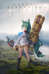 Rule 34 | 1girl, ahoge, akashi (azur lane), animal ear fluff, animal ears, azur lane, backpack, bag, bell, neck bell, black footwear, boots, braid, braided ponytail, cat ears, choker, closed mouth, commentary request, death stranding, english text, expressionless, fog, from behind, grass, green hair, head tilt, highres, hill, legs, long hair, looking at viewer, messikid, no legwear, outdoors, parody, pond, red choker, ribbon choker, rigging, sleeves past fingers, sleeves past wrists, solo, suitcase, tech box (azur lane), thighs, very long hair, very long sleeves, yellow eyes