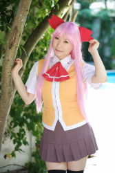 Rule 34 | 1girl, asian, chippi, color contacts, cosplay, highres, long hair, looking at viewer, munakata shiho, munakata shiho (cosplay), my-hime, outdoors, photo (medium), pink hair, school uniform, solo, thighhighs, tree, zettai ryouiki