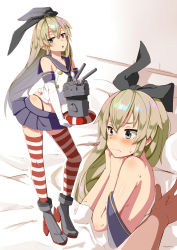 Rule 34 | 10s, 1boy, 1girl, anchor, anchor hair ornament, bad id, bad pixiv id, black panties, blonde hair, blush, crop top, elbow gloves, embarrassed, full body, gloves, grey eyes, hair ornament, hair ribbon, hairband, highleg, highleg panties, kantai collection, lifebuoy, long hair, looking at viewer, looking away, lying, microskirt, multiple views, off shoulder, on bed, on side, open clothes, open mouth, panties, pillow, rensouhou-chan, ribbon, sailor collar, shimakaze (kancolle), skirt, solo focus, standing, striped clothes, striped thighhighs, sweat, swim ring, thighhighs, thong, top pull, underwear, very long hair, wavy mouth, white gloves, yuuzuki (re&#039;ef), zettai ryouiki