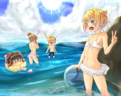 Rule 34 | 1boy, 3girls, ?, backboob, bikini, bikini skirt, black jammers, black male swimwear, blonde hair, blue eyes, blue sky, blush, bow, breasts, brother and sister, brown eyes, brown hair, cevio, cloud, commentary request, day, fang, feet out of frame, frilled bow, frilled hair tubes, frills, hair bow, hair bun, hair ornament, hair tubes, hairclip, hakurei reimu, highres, horizon, innertube, jammers, kagamine len, kagamine rin, kitsunerider, large breasts, looking at another, looking at viewer, male swimwear, multiple girls, nose blush, ocean, open mouth, outdoors, pink bikini, red bow, satou sasara, short hair, siblings, sky, small breasts, smile, sun, sunlight, swept bangs, swim ring, swimsuit, touhou, twins, v, vocaloid, water, white bikini, yukkuri shiteitte ne