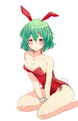 Rule 34 | 1girl, alternate costume, animal ears, aoi (annbi), bare arms, bare shoulders, between legs, blush, breasts, cleavage, closed mouth, frown, green eyes, hand between legs, highres, kazami yuuka, leotard, looking at viewer, medium breasts, playboy bunny, rabbit ears, rabbit tail, red eyes, red leotard, simple background, sitting, solo, sweatdrop, tail, touhou, v arms, white background, wrist cuffs