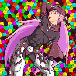 Rule 34 | 00s, 1girl, abs, armpits, arms up, bodysuit, candy, colorful, cross, cynthia lane, flat chest, food, green eyes, hat, long hair, mosaic background, muscular, nike (0306), nipples, overman king gainer, pink hair, solo, twintails, very long hair
