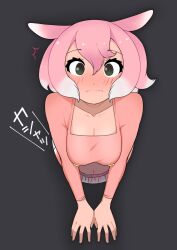 Rule 34 | 1girl, ^^^, arm support, belt, bent over, blush, breasts, cleavage, closed mouth, collarbone, commentary, cropped shirt, eyelashes, fins, green eyes, hair between eyes, hanging breasts, head fins, highres, hole, hole in wall, illu (illu stratos), japanese pancake devilfish (kemono friends), kemono friends, kemono friends 3, long sleeves, looking at viewer, medium breasts, medium hair, midriff, multicolored hair, navel, outstretched arms, parted bangs, pink hair, pink shirt, shirt, skirt, solo, sound effects, square neckline, stomach, surprised, symbol-only commentary, through wall, two-tone hair, upper body, wavy mouth, white hair