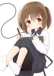 Rule 34 | 1girl, ayanepuna, black leggings, black ribbon, black skirt, blush, bow, brown eyes, brown hair, closed mouth, collared shirt, commentary request, drawing tablet, hair between eyes, hair ribbon, highres, holding, holding stylus, leggings, long sleeves, looking at viewer, neck ribbon, no shoes, original, red bow, ribbon, shirt, simple background, skirt, sleeves past wrists, smile, socks, soles, solo, stylus, tama (ayanepuna), twintails, white background, white shirt, white socks