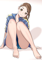 Rule 34 | 1girl, absurdres, arm support, arms at sides, ass, barefoot, brown eyes, brown hair, cameltoe, competition swimsuit, dytm, feet, forehead, highleg, highres, looking at viewer, one-piece swimsuit, original, ponytail, pool monitor part-timer (dtym), sitting, smile, solo, swimsuit, thighs, toes
