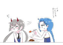 Rule 34 | 2girls, :i, = =, ahoge, anger vein, angry, assault lily, bare arms, bare shoulders, black necktie, blank eyes, blue hair, blue shirt, blush stickers, braid, braided ponytail, buttons, closed eyes, closed mouth, collared shirt, curry, curry rice, feeding, food, fujita asagao, grey hair, highres, holding, holding spoon, horns, igusa subaru, long hair, looking at another, low ponytail, low twintails, motion lines, multiple girls, necktie, no mouth, parted bangs, plate, pout, profile, red horns, rice, school uniform, shirt, simple background, single braid, sleeveless, sleeveless shirt, spoon, table, teisuu, turning head, twintails, two-tone shirt, upper body, v-shaped eyebrows, v arms, white background, white shirt