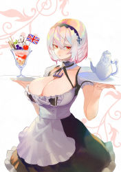 Rule 34 | 1girl, anchor choker, apron, azur lane, breasts, choker, cleavage, collarbone, eyelashes, frilled apron, frilled choker, frills, hair between eyes, hairband, highres, holding, holding tray, lace-trimmed hairband, lace trim, large breasts, looking at viewer, maid apron, parted lips, puffy sleeves, red eyes, short sleeves, sidelocks, sirius (azur lane), smile, solo, standing, tray, uyuyuun, waist apron, white apron, white hair