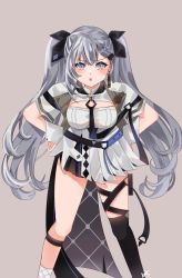 Rule 34 | 1girl, :o, airani iofifteen (artist), alternate hairstyle, angry, asymmetrical bangs, asymmetrical legwear, belt, black ribbon, black thighhighs, blue eyes, breasts, cropped jacket, dress, grey hair, hair ribbon, hands on own hips, highres, hololive, hololive indonesia, leaning forward, long hair, looking at viewer, medium breasts, pleated dress, ribbon, sidelocks, simple background, thigh strap, thighhighs, twintails, vestia zeta, virtual youtuber, white dress, wrist cuffs