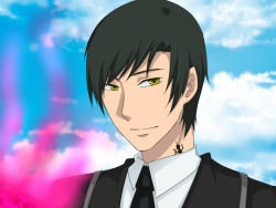 Rule 34 | 1boy, black hair, cloud, day, fire, gray ringmarc, heart no kuni no alice, looking at viewer, male focus, necktie, purple fire, short hair, sky, smile, solo, sutty (st), tattoo, yellow eyes