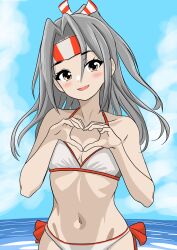 Rule 34 | 1girl, absurdres, beach, bikini, blue sky, bone namu(namu49850), breasts, brown eyes, cloud, commentary request, cowboy shot, day, grey hair, hair between eyes, headband, heart, heart hands, highres, horizon, kantai collection, long hair, ocean, outdoors, ponytail, side-tie bikini bottom, sky, small breasts, smile, solo, striped headband, swimsuit, white bikini, zuihou (kancolle)