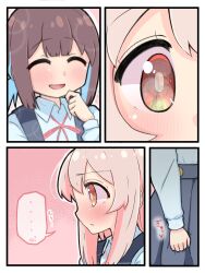 Rule 34 | ^ ^, blue hair, blush, brown hair, clenched hand, closed eyes, comic, commentary request, hand on own chin, highres, hiro (05112423), hozuki momiji, long hair, long sleeves, multicolored hair, multiple girls, onii-chan wa oshimai!, open mouth, orange eyes, oyama mahiro, pink background, pink hair, red ribbon, ribbon, school uniform, shirt, skirt, smile, suspender skirt, suspenders, white shirt