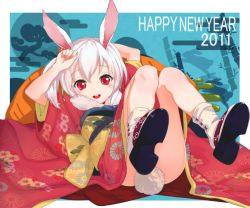 Rule 34 | 10s, 1girl, 2011, animal ears, clog sandals, convenient leg, egasumi, japanese clothes, kimono, legs up, lying, new year, okobo, on back, open mouth, original, p-nut, rabbit ears, rabbit tail, red eyes, sandals, smile, solo, tail, white hair
